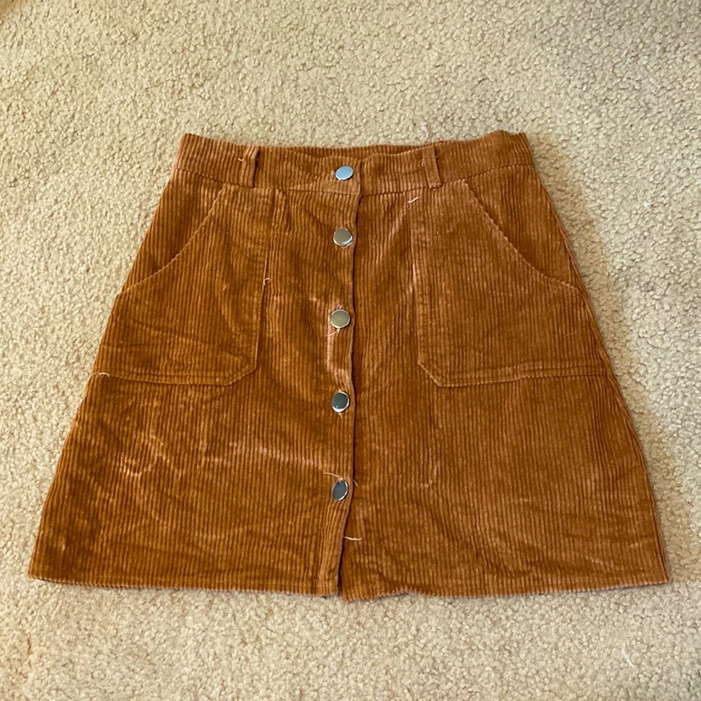 Corduroy Tan High-Waisted Button Up Skirt